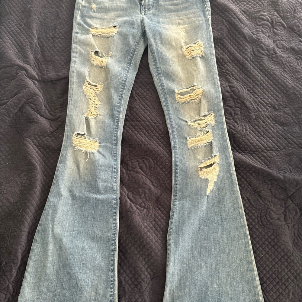 Black Orchid Light Blue Distressed Flare Jeans